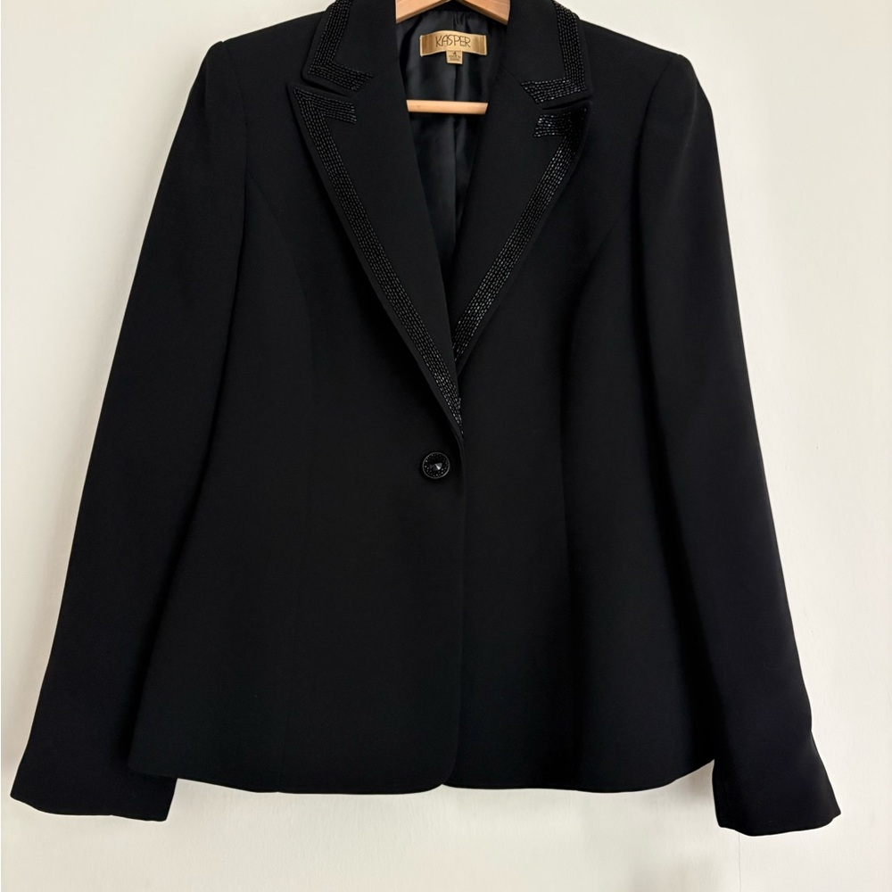 NEW! TAGS! Kasper Black 3-PIECE Suit with BEADED trim Jacket Pants Top